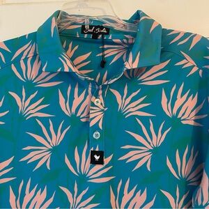 Bad Birdie Blue and Pink Tropical Leaf Polo